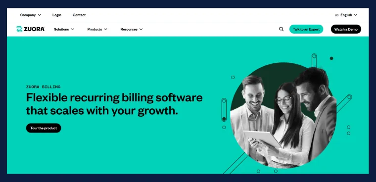 Zuora Billing homepage promoting flexible, scalable recurring billing software with a team of professionals reviewing data on a tablet.