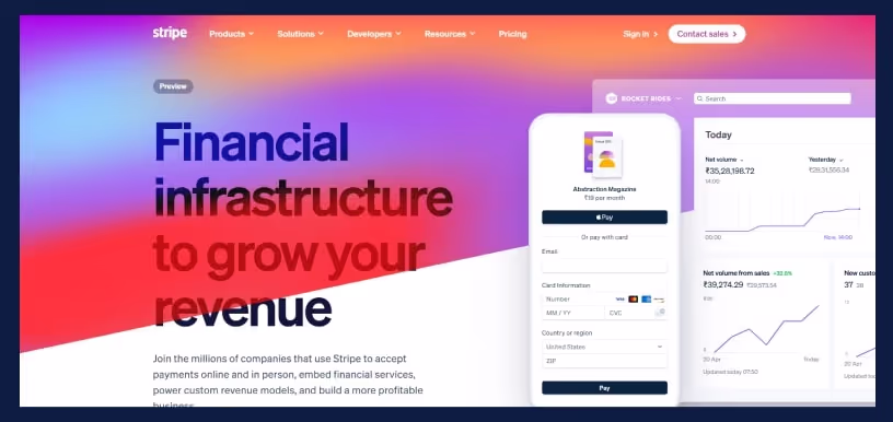 Stripe homepage showcasing its financial infrastructure platform with a payment checkout mockup and revenue analytics dashboard, highlighting online and in-person payment capabilities.