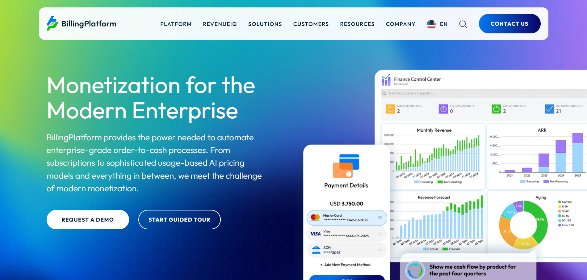 BillingPlatform homepage promoting enterprise monetization automation with a Finance Control Center dashboard showing revenue charts, ARR metrics, payment details, and aging reports.