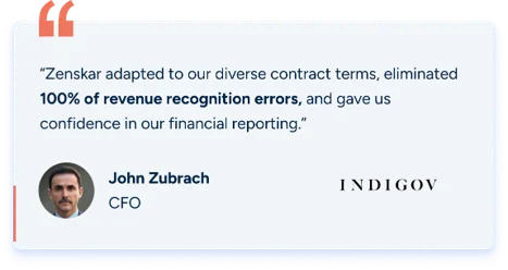 John Zubrach, CFO of Indigov, on how Zenskar eliminated 100% of revenue recognition errors and improved confidence in financial reporting.