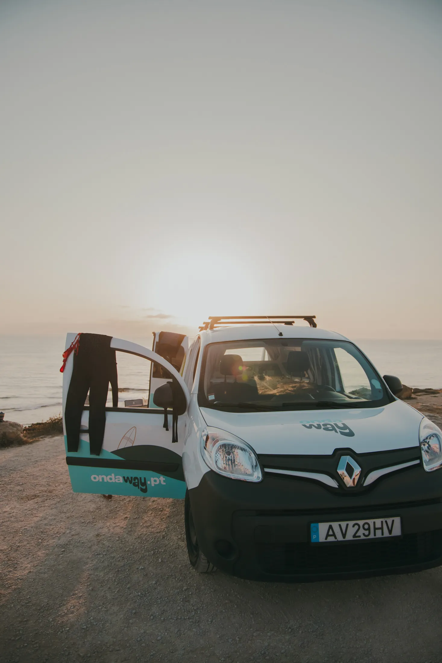 van front at sunset