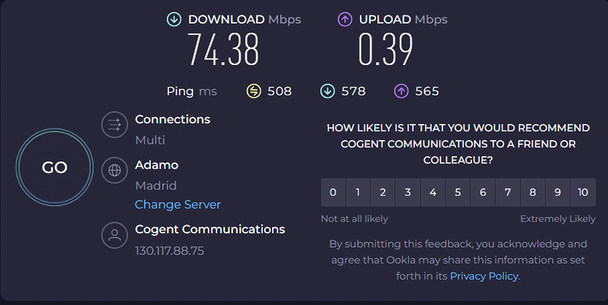 superalink speed test result 74.4 Mbps download, 0 4 Mbps Upload