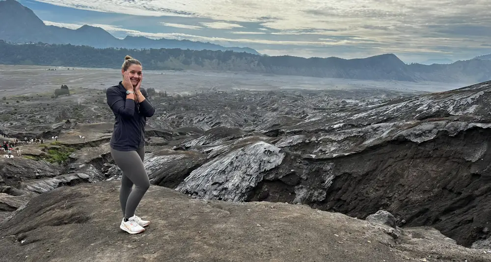 Walking up to the rim of the Mount Bromo crater