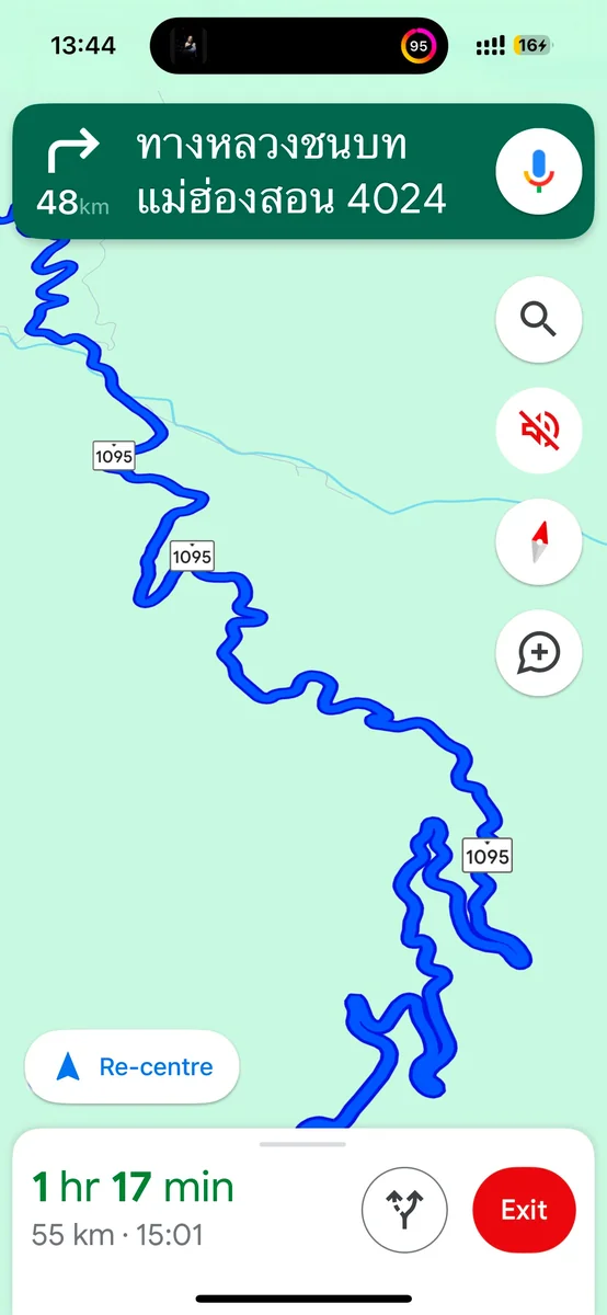 Google Maps navigation showing the winding final 55 km of Route 1095 from Chiang Mai to Pai