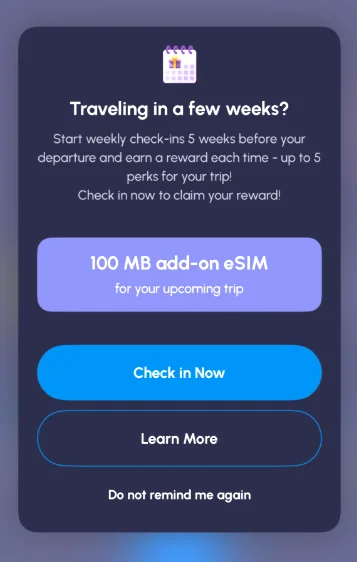 Nomad eSIM app weekly check-in and rewards screen