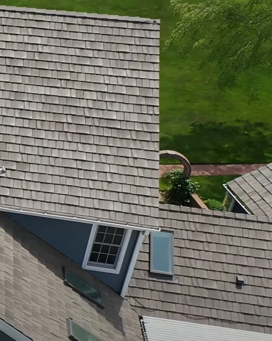 Brava Shake Roof finished replacement – Aerial View Showing Full Roof Slope and Window Section