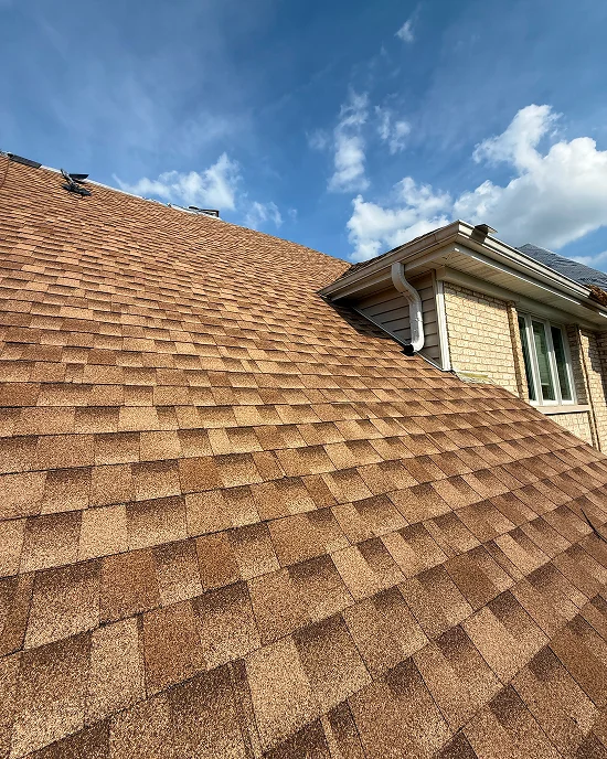 Close-up view of new shingle roof replacement in Downers Grove