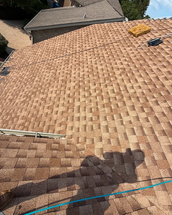 Wide view of shingle roof replacement in Downers Grove during installation