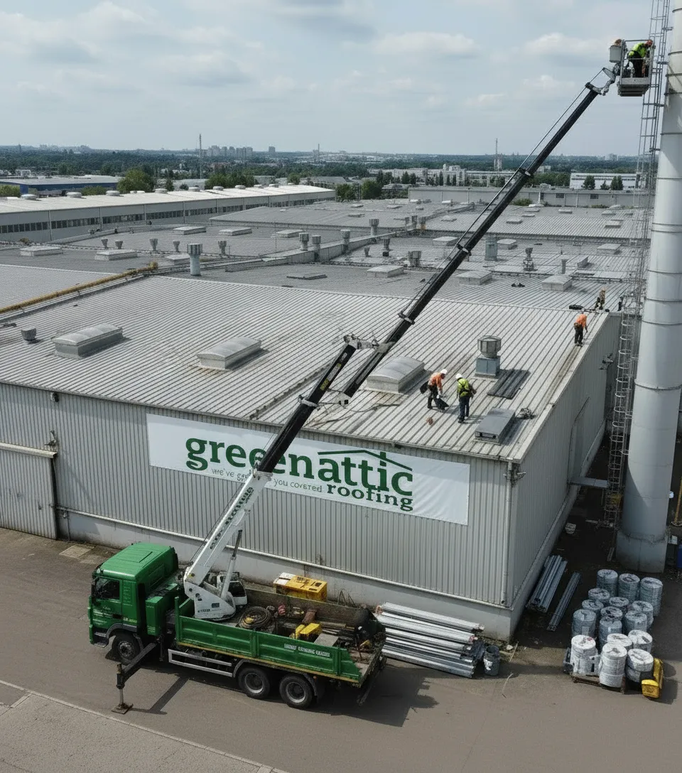 Industrial warehouse roof installation with crane and crew