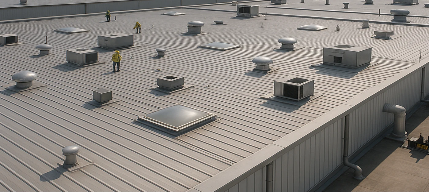 Industrial standing-seam metal roof with vents and skylights