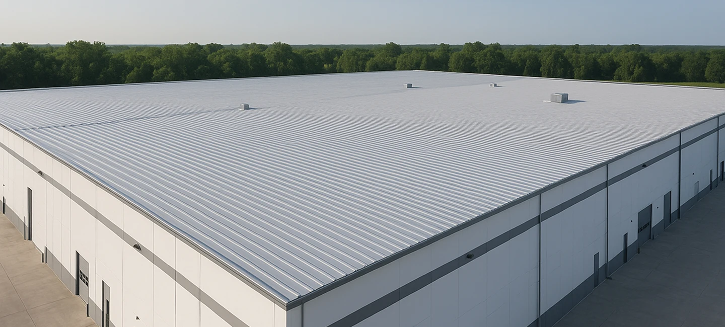 Aerial drone view of a modern industrial warehouse roof