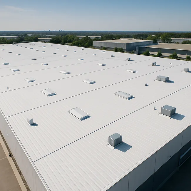 Sleek modern warehouse roof drone view