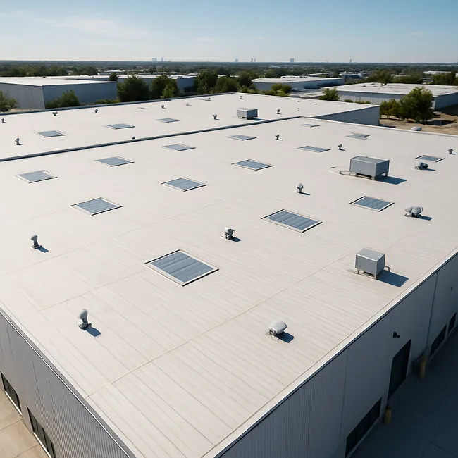 Warehouse flat roof with skylights and rooftop HVAC units.