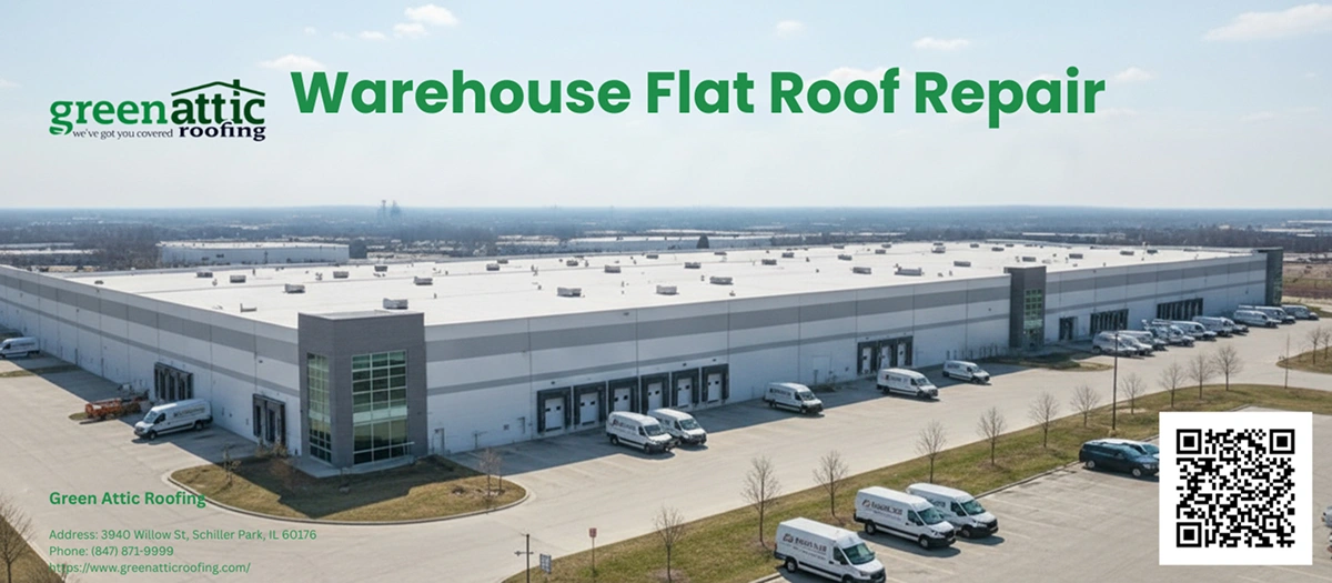 Aerial view of a warehouse with a flat roof and service vans in the lot