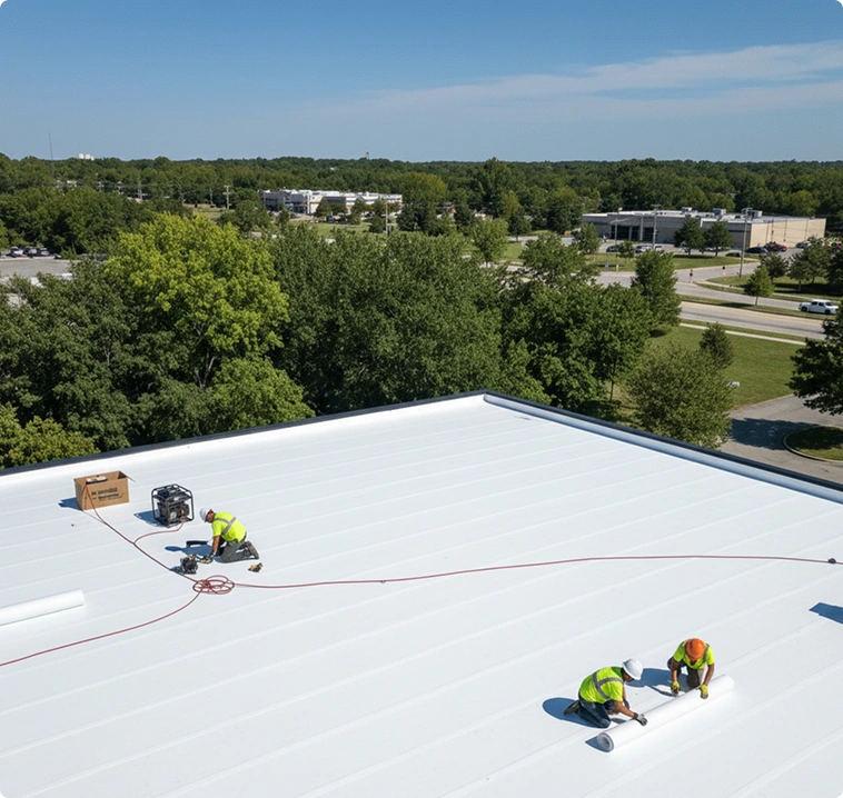 Commercial flat roof showing repaired membrane and perimeter flashing