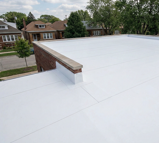 TPO roofing on a finished residential flat roof in a Chicagoland neighborhood