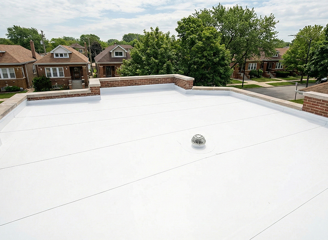 Residential flat roof covered with white TPO roofing membrane in a Chicagoland neighborhood