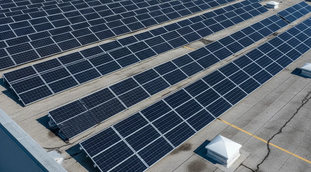 Commercial flat roof in Chicago covered with modern solar panels