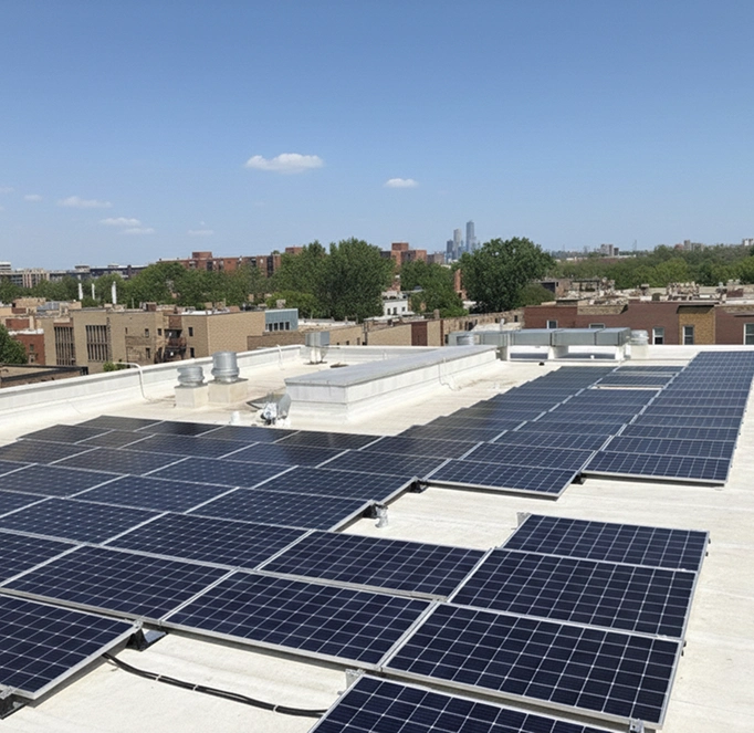 Solar panels on a commercial white rooftop in Chicago