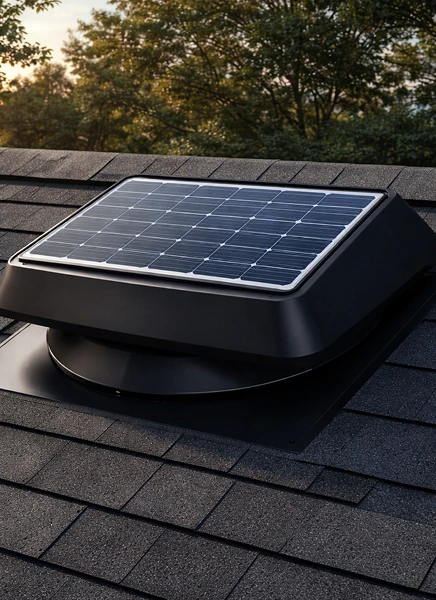 Solar attic fan installed on house roof