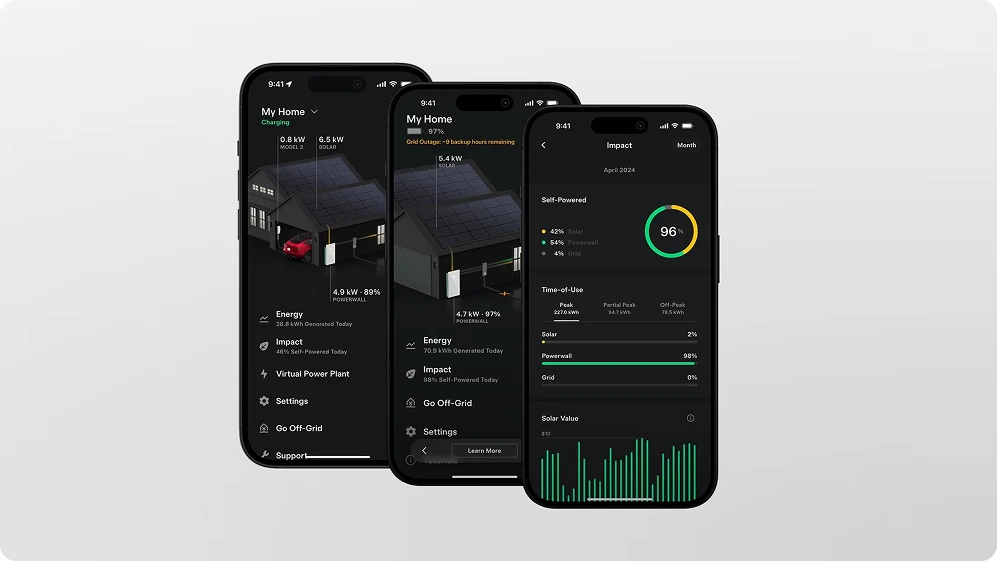 Tesla mobile app screens showing home energy monitoring, solar production, and Powerwall performance