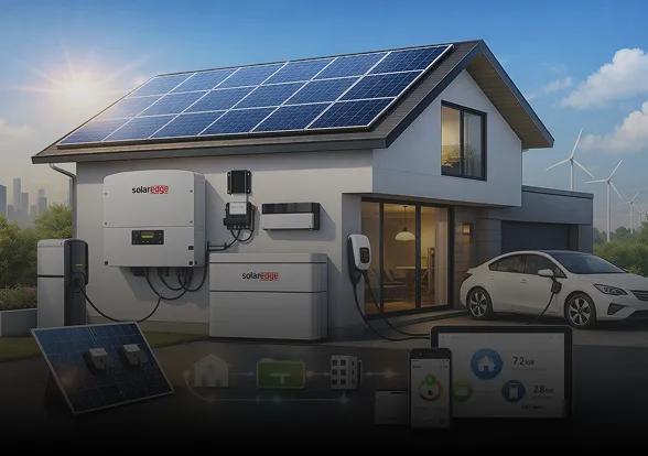 Modern home with rooftop solar panels, SolarEdge inverter, battery storage, EV charger, and monitoring app.