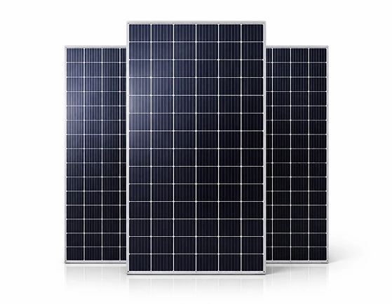 Three commercial solar panels arranged as a clean product photo