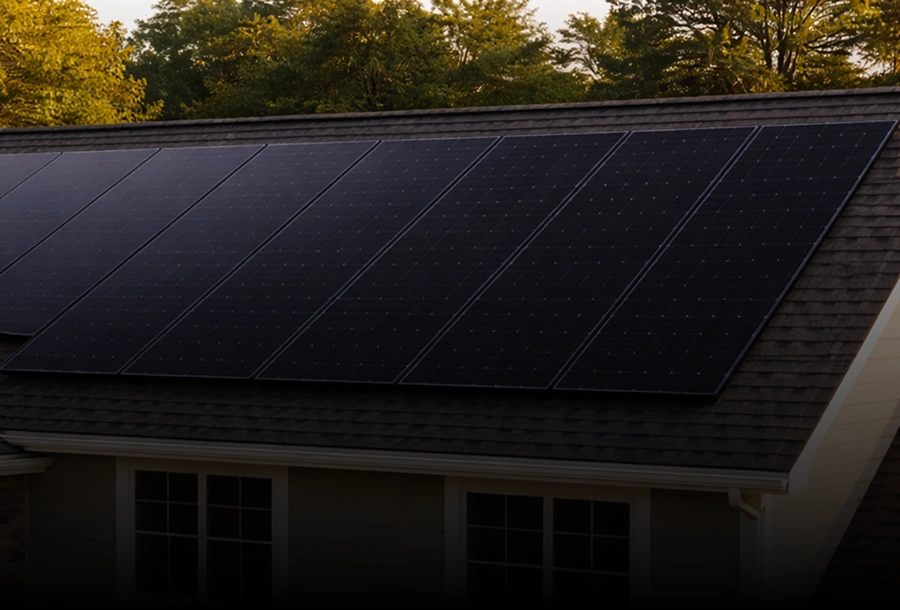 Close-up of black solar panels on a sloped shingle roof