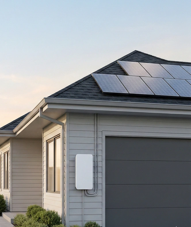 SolarEdge-style solar panel system on a residential roof with a wall-mounted inverter
