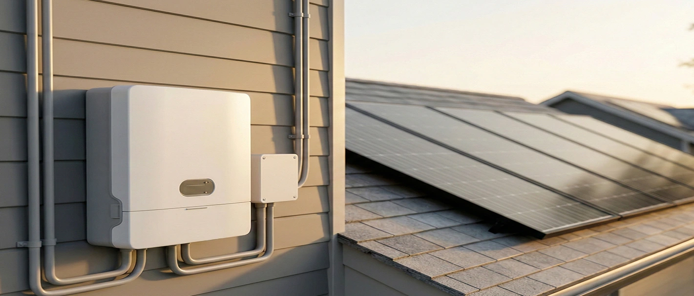 Solar inverter mounted on an exterior wall beside conduit, with rooftop solar panels in the background.