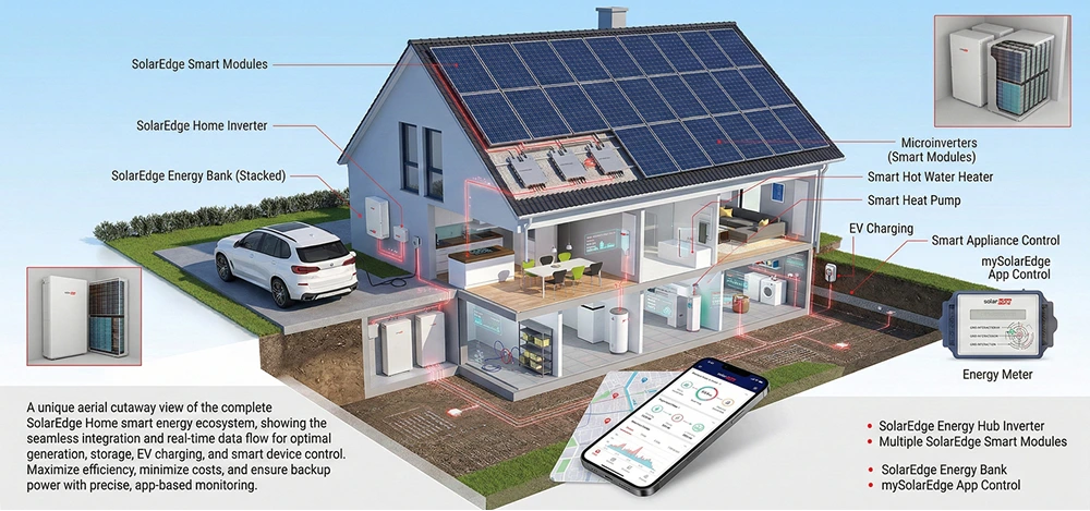 SolarEdge home ecosystem diagram showing smart modules (optimizers), inverter, battery storage, EV charging, and mySolarEdge app monitoring.