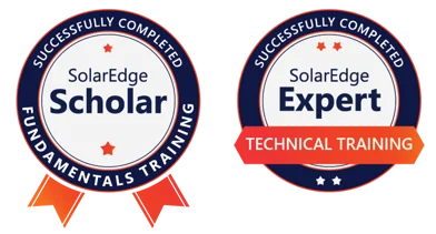 SolarEdge training badges showing “Scholar” Fundamentals Training and “Expert” Technical Training completion.