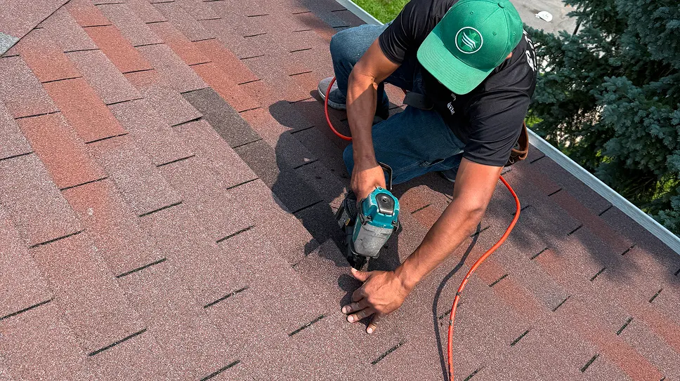 Roofer repairing asphalt shingle roof with nail gun