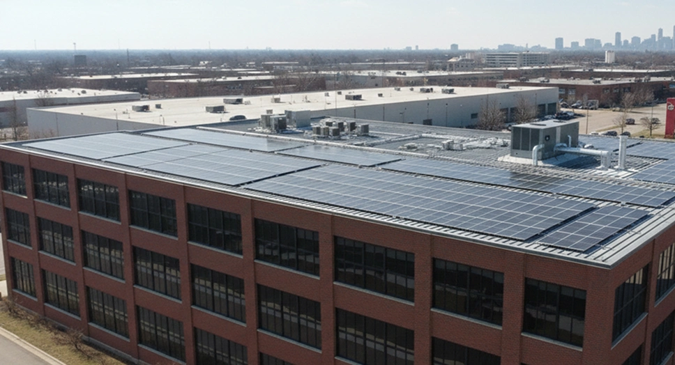 Rooftop solar panels installed on a commercial building in Illinois