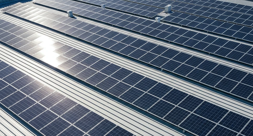 Close-up view of solar panels installed in rows on a commercial metal roof