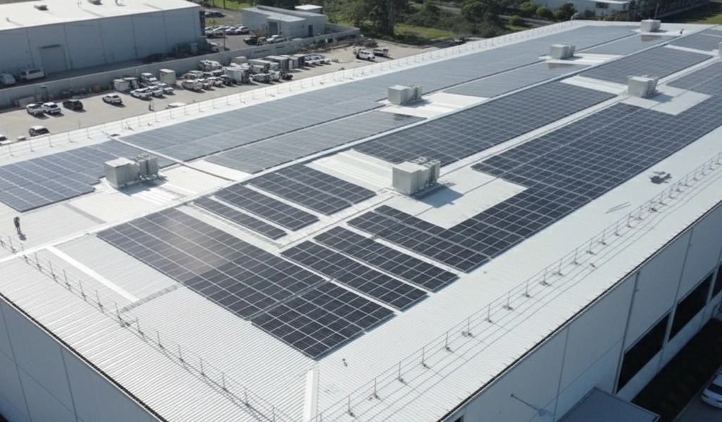 Solar panels installed on a commercial metal warehouse roof with rooftop HVAC units