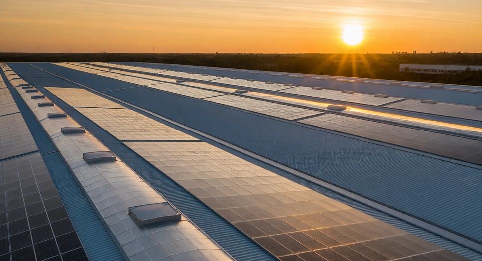 Aerial view of a large commercial rooftop with solar panels at sunset, showing strong sunlight over an Illinois industrial area