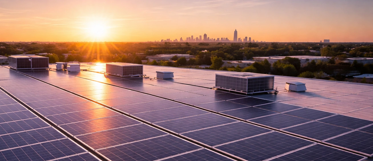 Commercial rooftop solar array in Illinois with the sun low on the horizon and the Chicago skyline in the distance