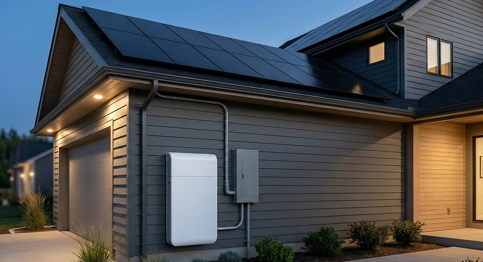 Garage with Tesla solar panels and a wall-mounted home battery at dusk