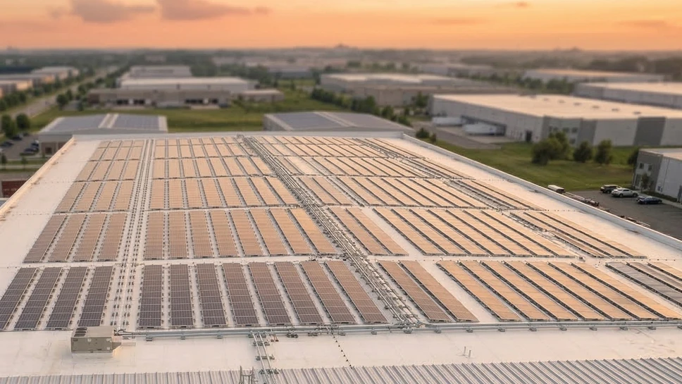 Commercial rooftop solar array on a warehouse at sunset