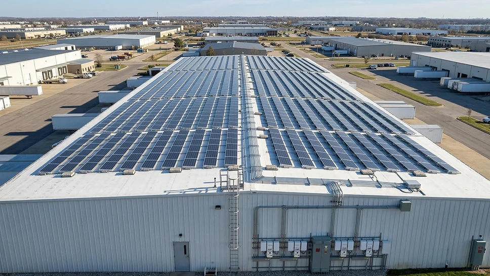 SolarEdge commercial rooftop system on an industrial building.