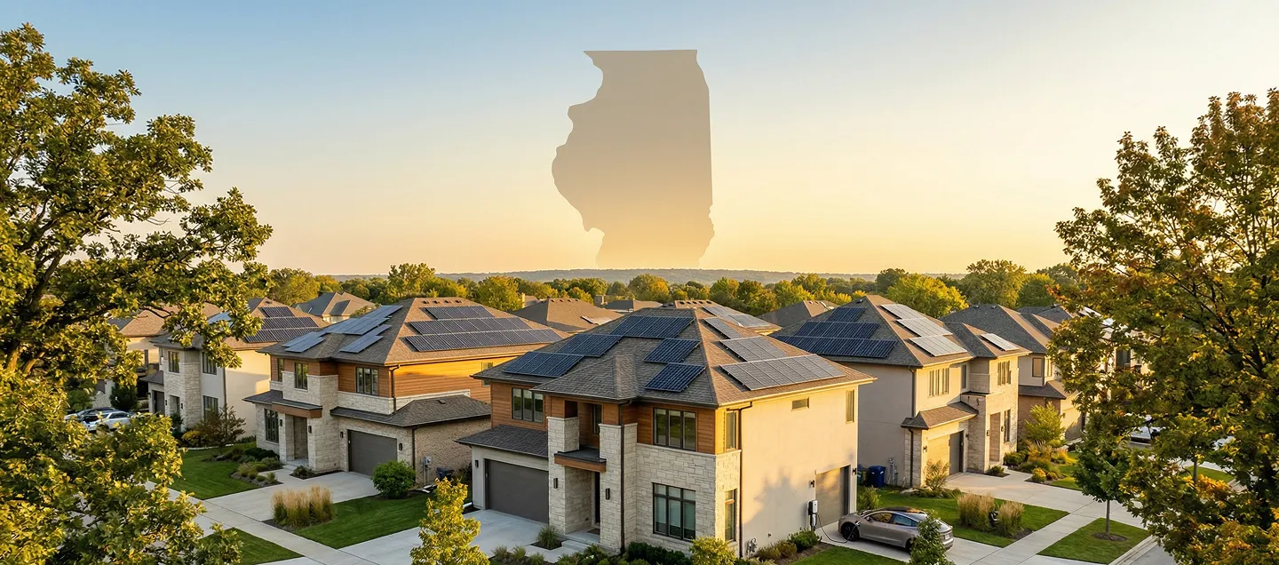 Chicagoland neighborhood with modern homes and rooftop solar panels beneath a subtle Illinois map silhouette