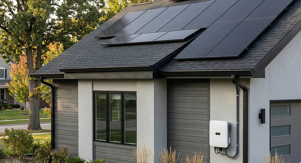 Modern Chicagoland home with rooftop solar panels and a visible white inverter installed on the exterior wall