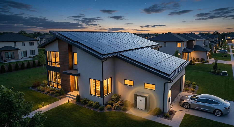 Modern Chicago-area home with rooftop solar and home battery at dusk, representing solar and battery compatibility.