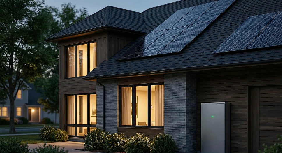 Modern home with rooftop solar and home battery at night, representing stored solar energy and evening self-consumption.