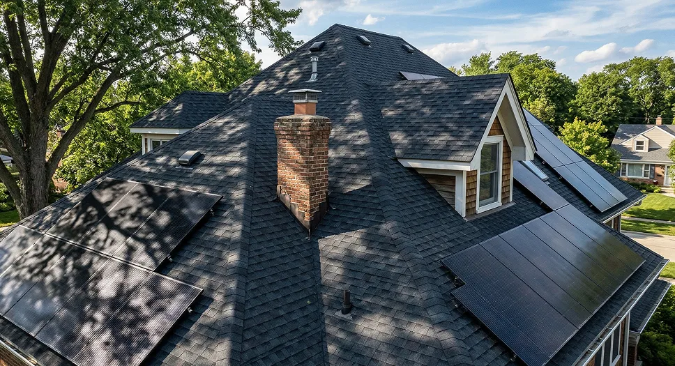 Complex Chicago-area roof with multiple planes, chimney, dormer, and tree shade affecting solar panel layout.