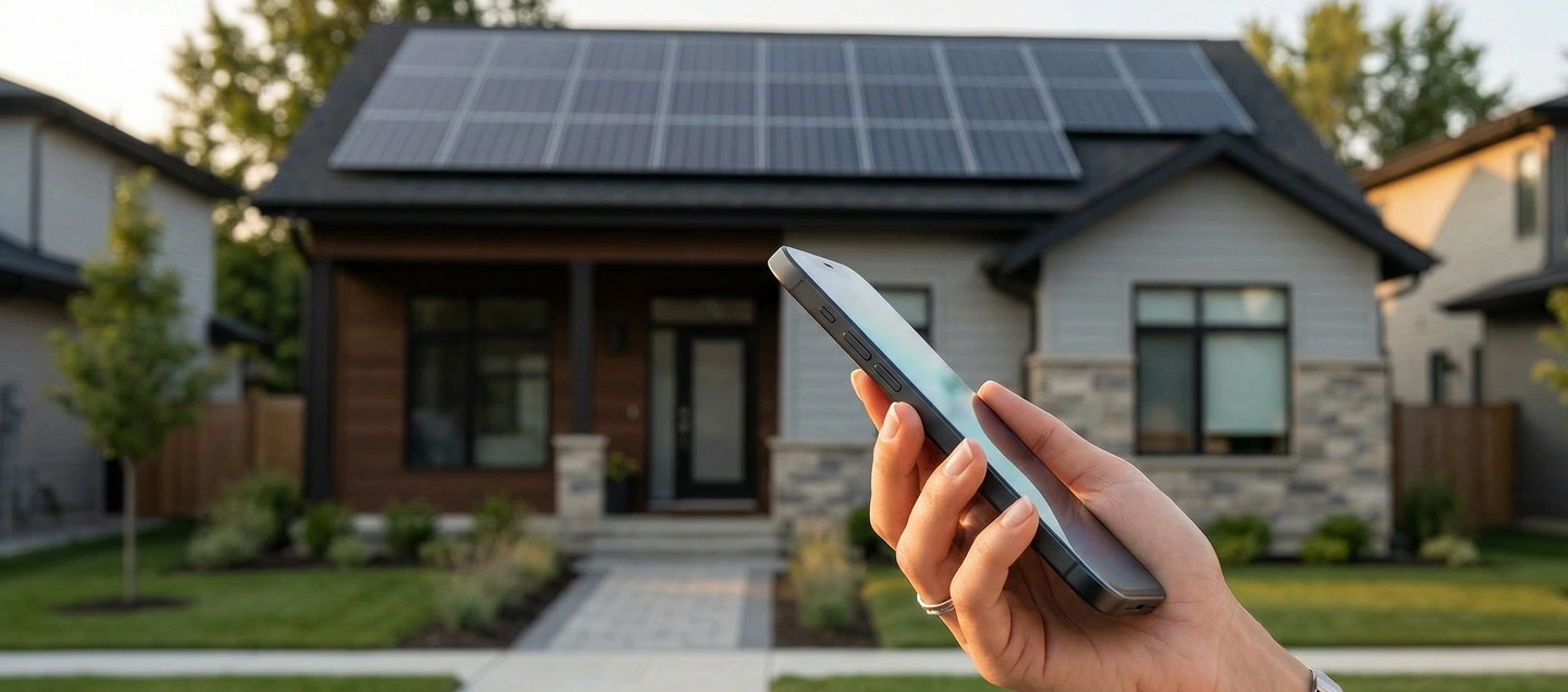 A person holding a smartphone to monitor real-time solar energy production in front of a suburban house equipped with a rooftop solar panel system