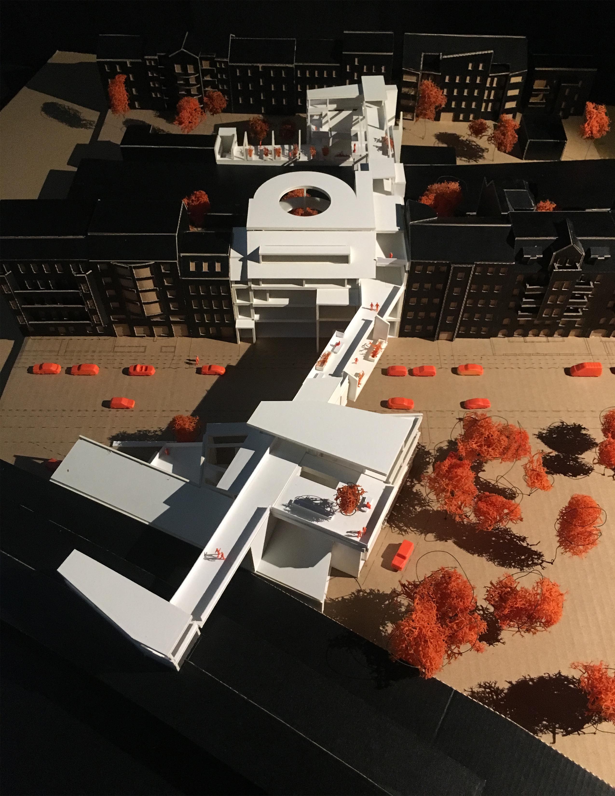 An architectural physical model of a futuristic school building