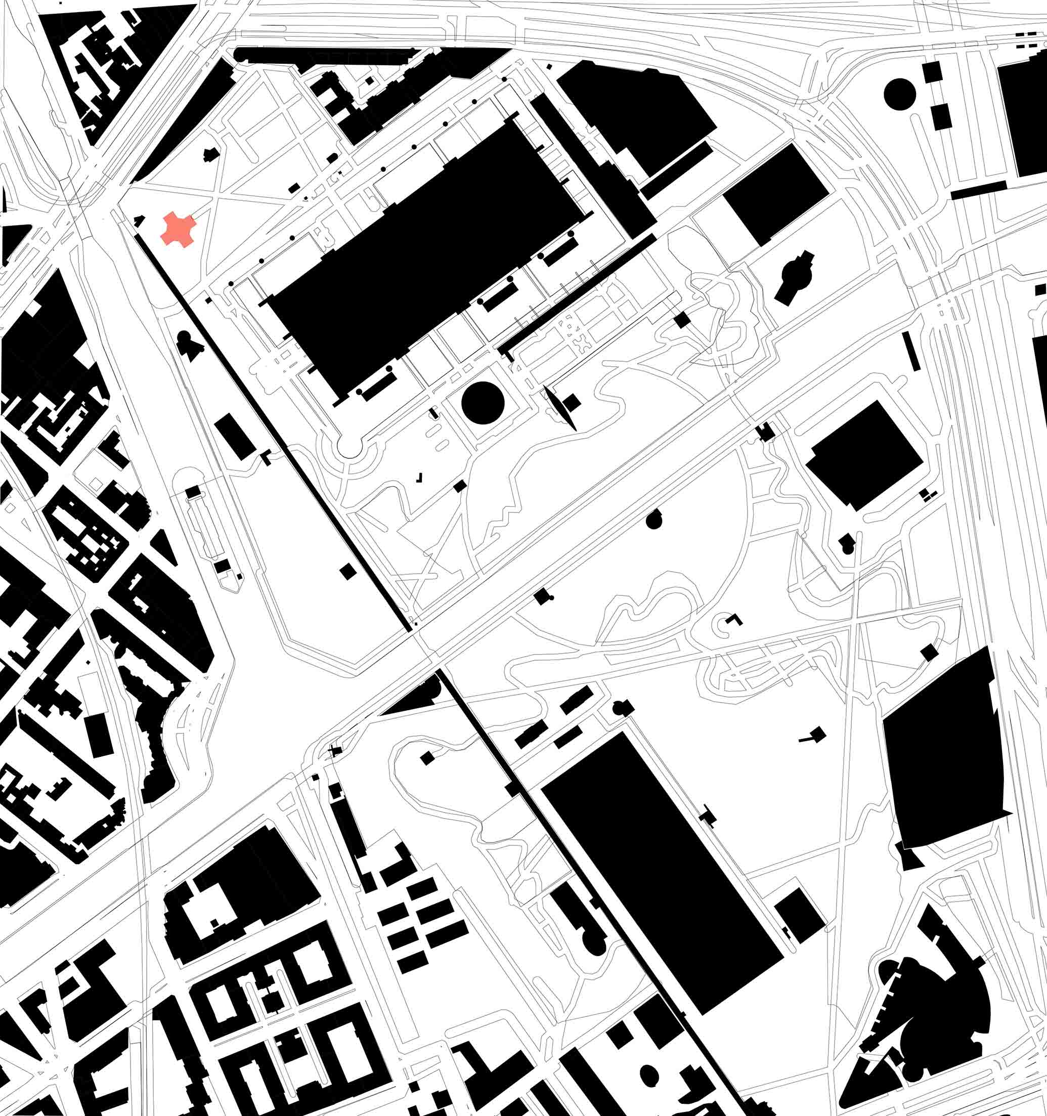 A nolli map of the Parc de la Villette showing the WIP building highlighted in orange.
