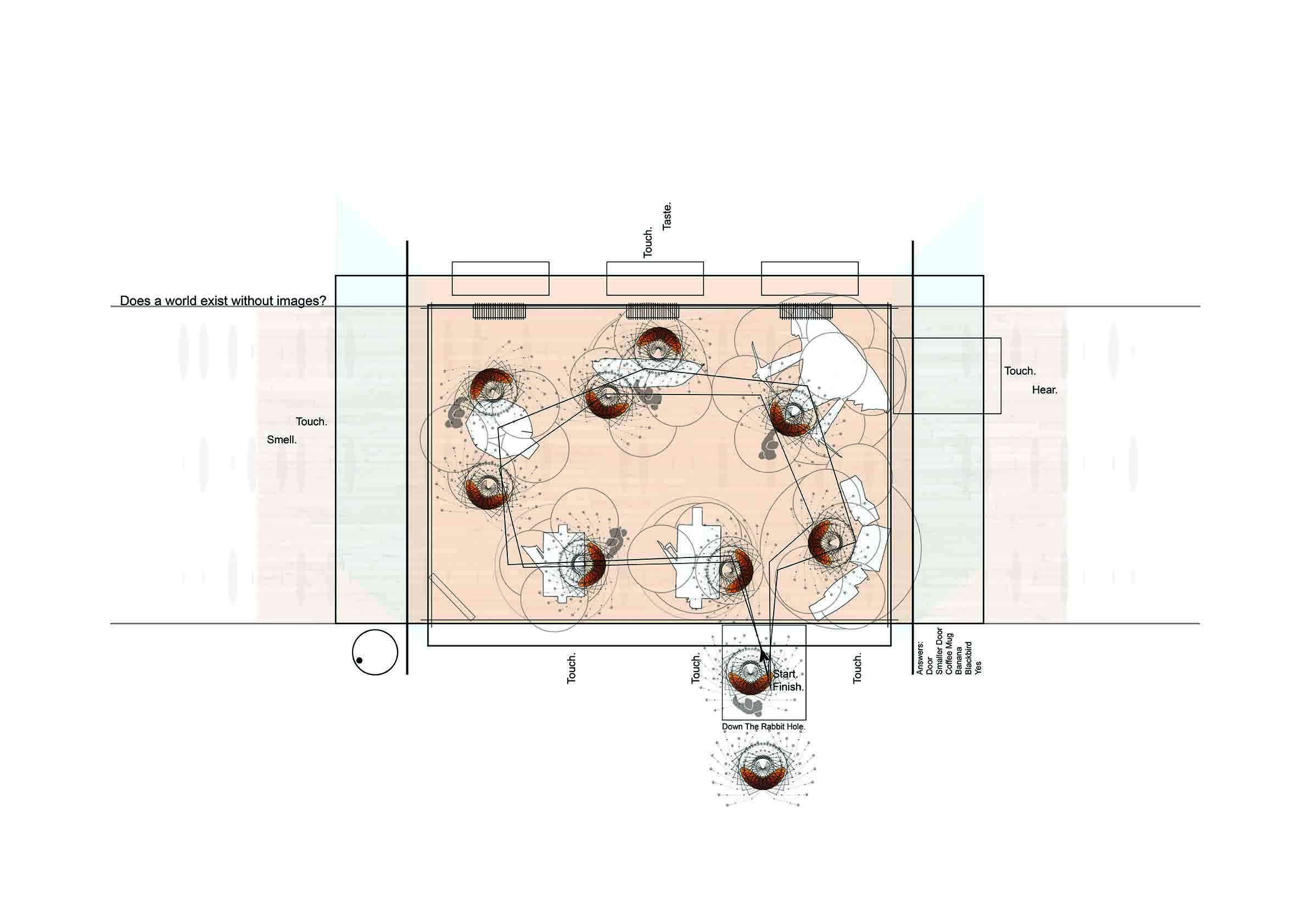 A conceptual plan drawing of a sensory experience built at ESMOD in Berlin for the Beyond Seeing Project.